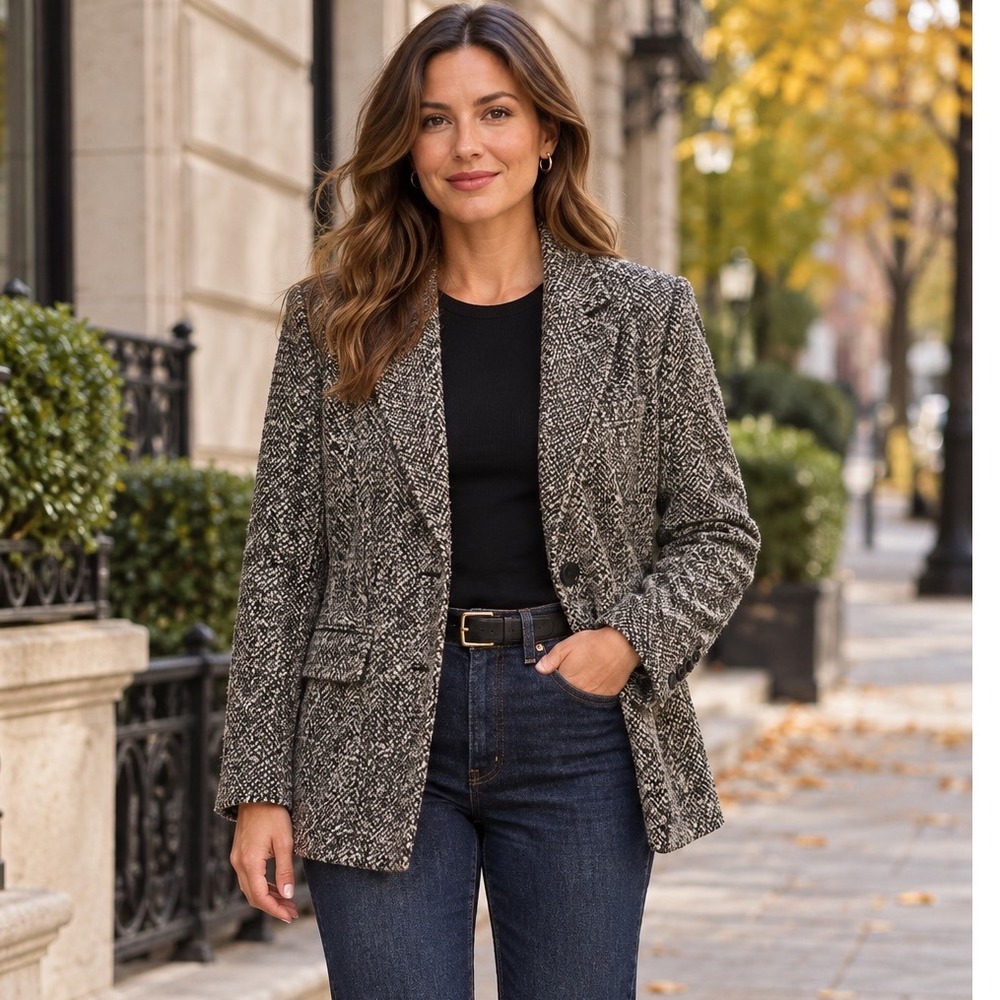 Chic Dark Academia Herringbone Wool Blazer Jacket Heavy Luxury Minimalist Sz L